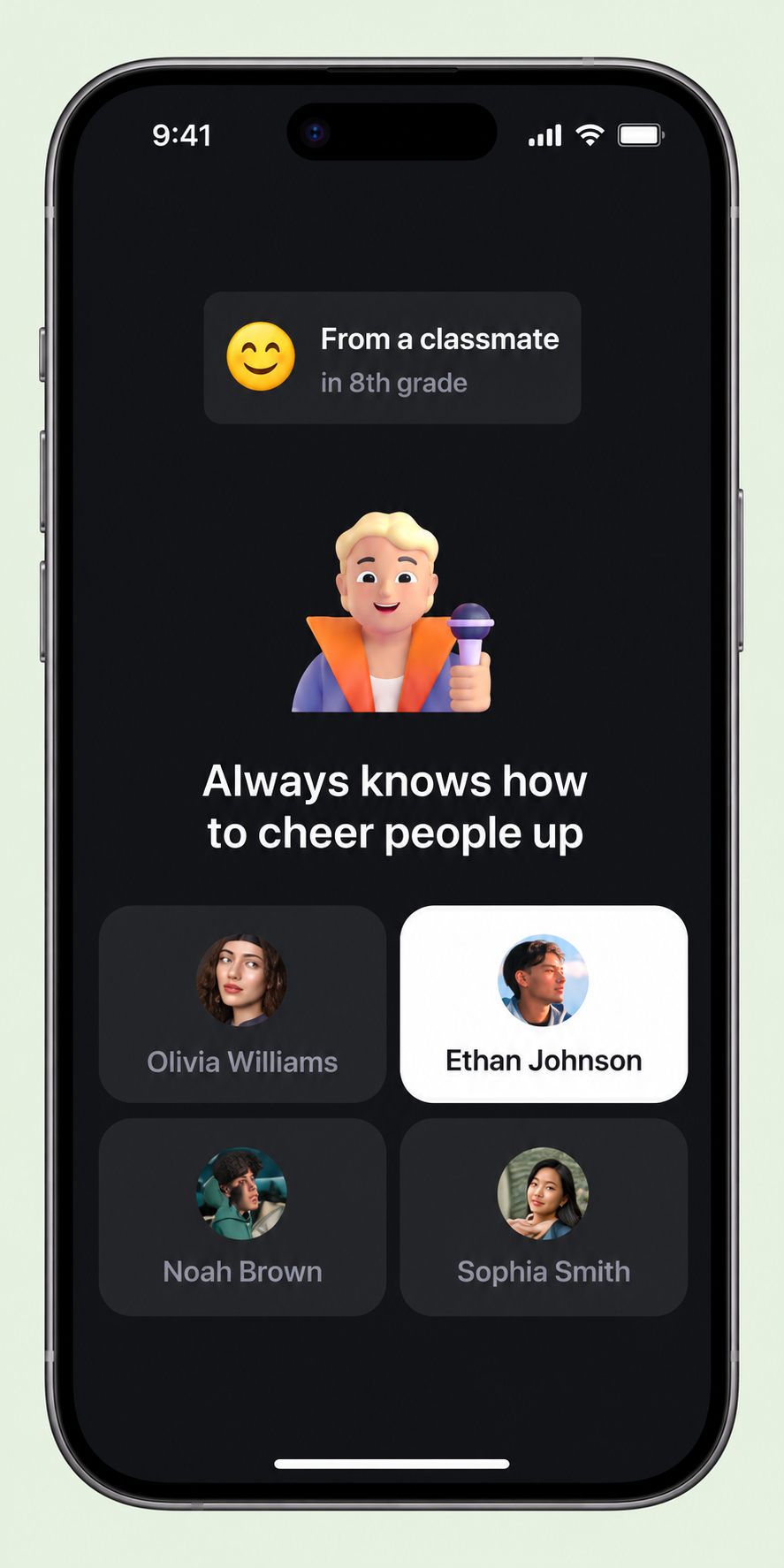 AI-illustrated Peek phone showing Always knows how to cheer people up with Ethan Johnson selected