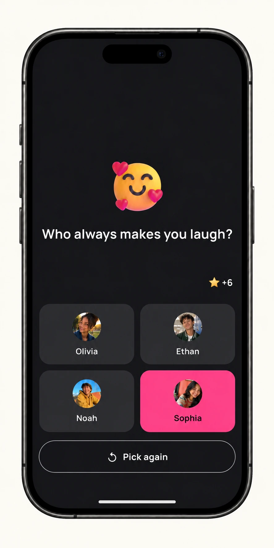 AI-illustrated iPhone showing Sophia selected in the same Peek poll