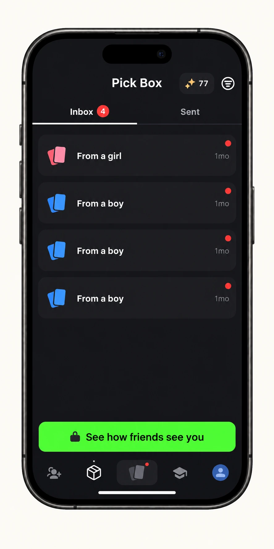 AI-illustrated iPhone showing a Pick Box with four unread compliments