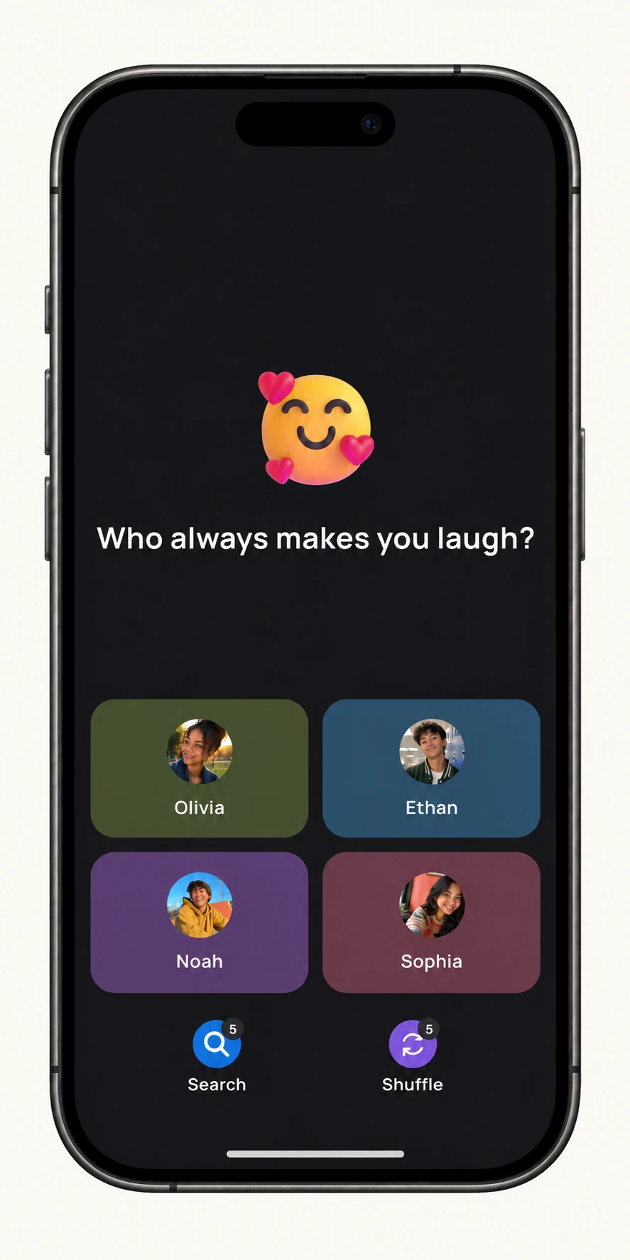 AI-illustrated iPhone showing the Peek question Who always makes you laugh? with four example friends